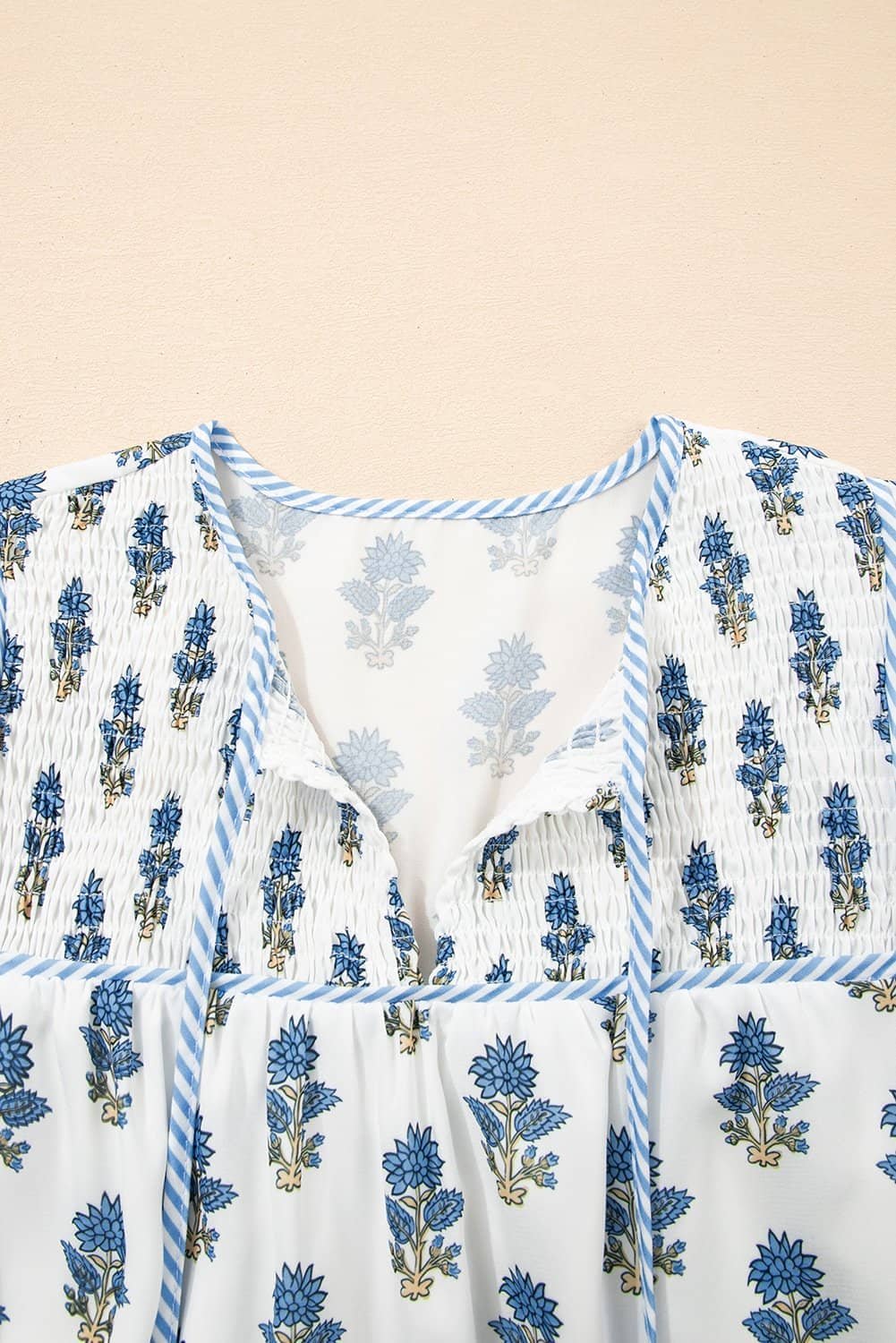 Sky Blue Floral Puff Sleeve Tied Neck Pocketed Mini Dress