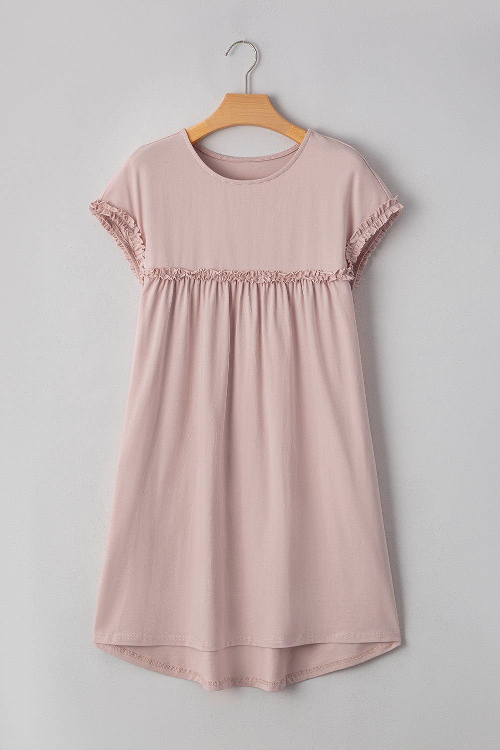 Oatmeal Frilled Trim Crew Neck Loose Fit Mini Dress