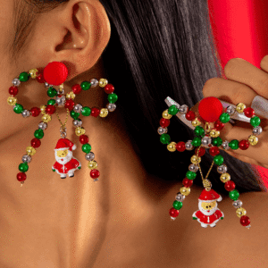 Racing Red Christmas Santa Pendant Beaded Bow Knot Stud Earrings