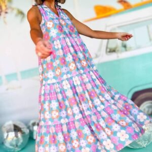 Sky Blue Floral Print Frilly Neck Sleeveless Tiered Maxi Dress