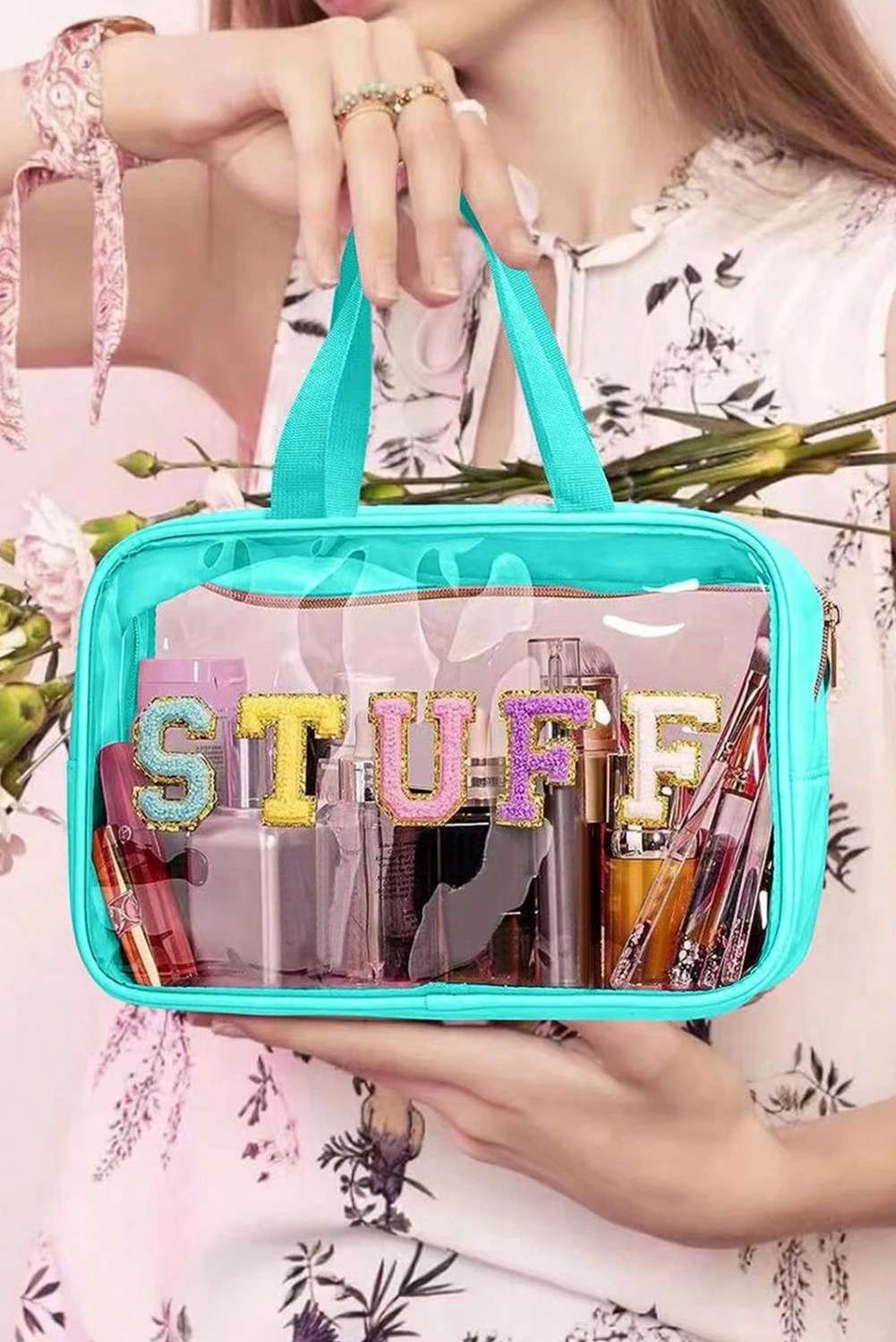 Light Blue Stuff Glitter Chenille Patched Transparent Makeup Bag