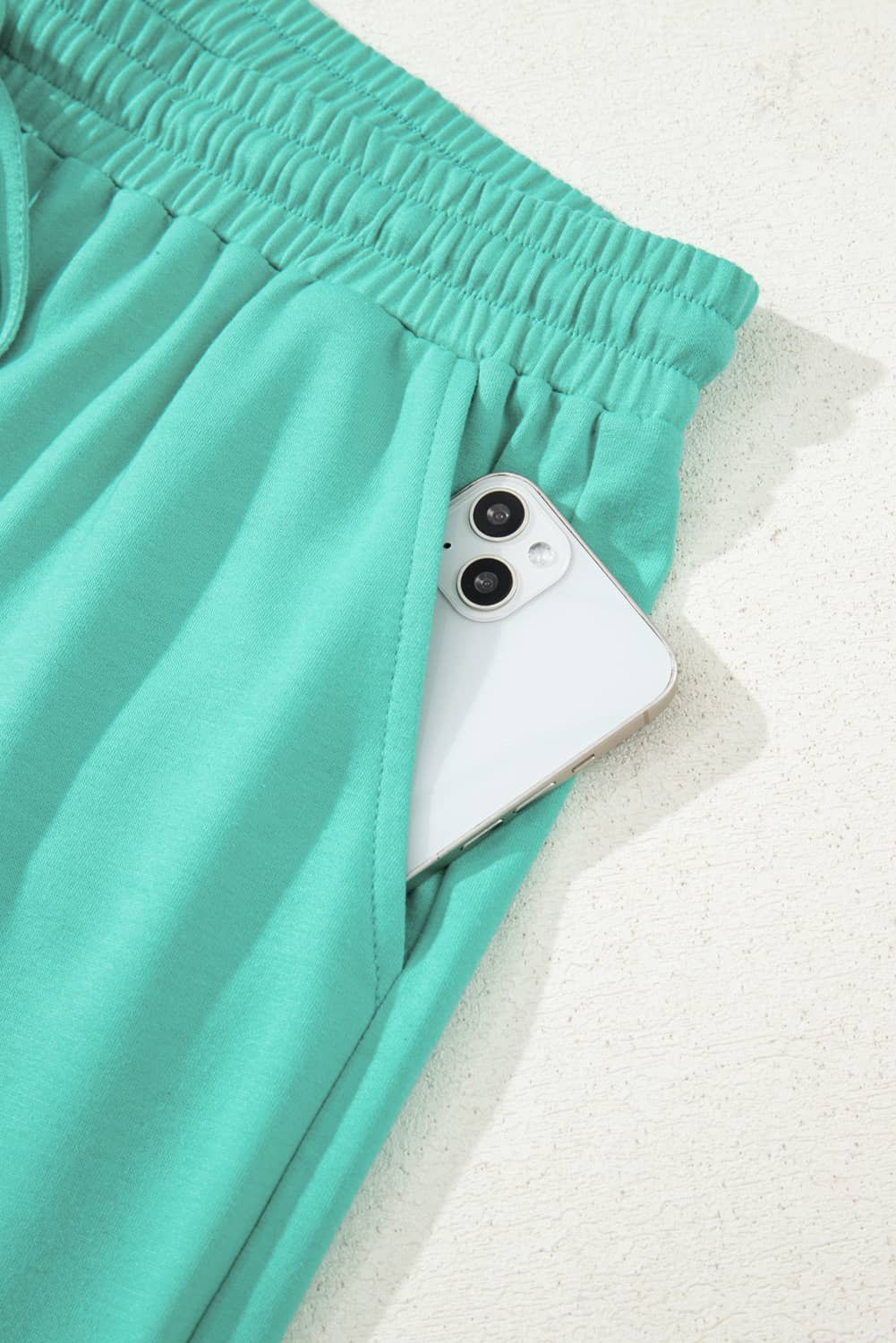 Sea Green Drop Shoulder V Neck Pullover Top And Drawstring Short Plus Size Set