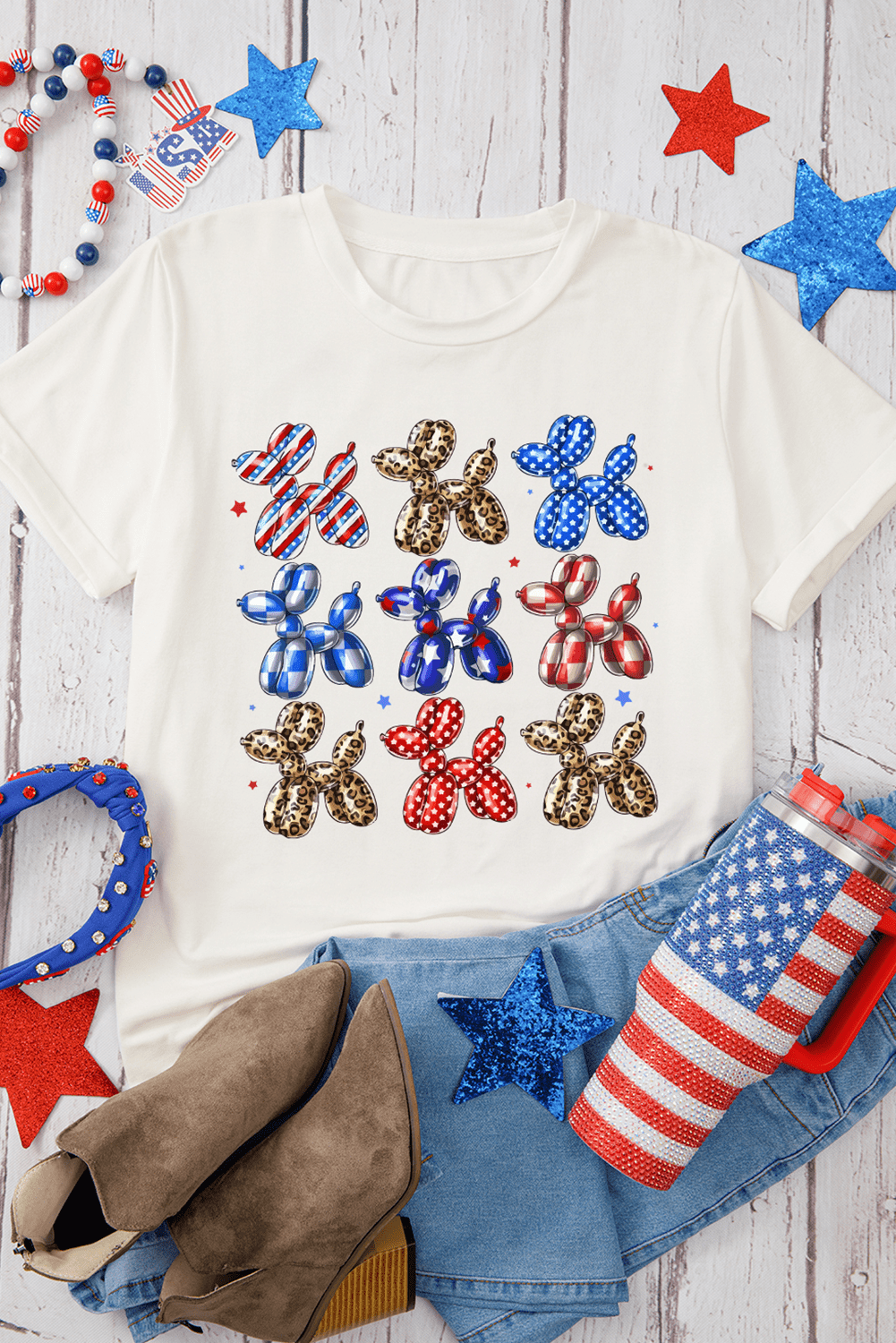 White American Flag Balloon Dog Print Crew Neck T Shirt