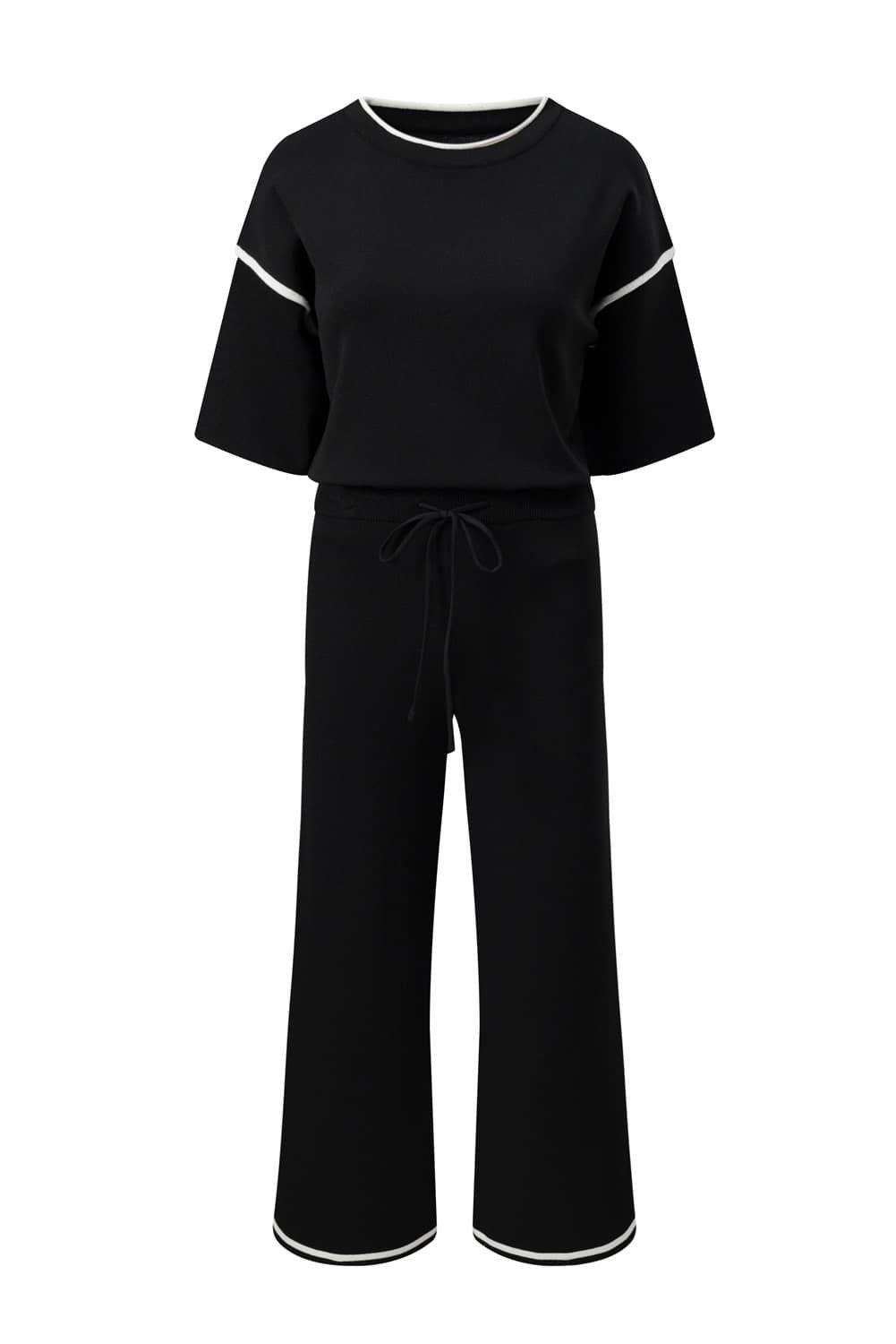 Black Contrast Trim Half Sleeve Top Drawstring Pants Loose 2Pcs Sweater Suit