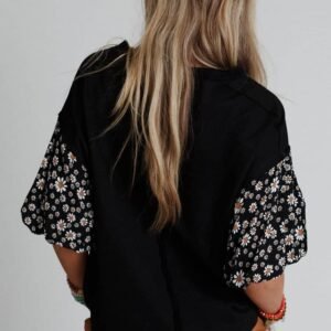 Black Contrast Floral Puff Sleeve Oversized Top