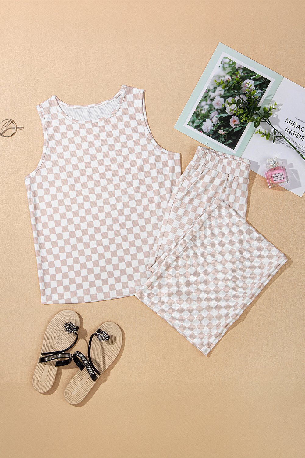 White Ribbed Texture Checkered Print 2Pcs Tank And Pants Set