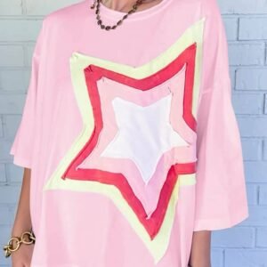 Light Pink Colorblock Star Patched Half Sleeve Oversized Tee