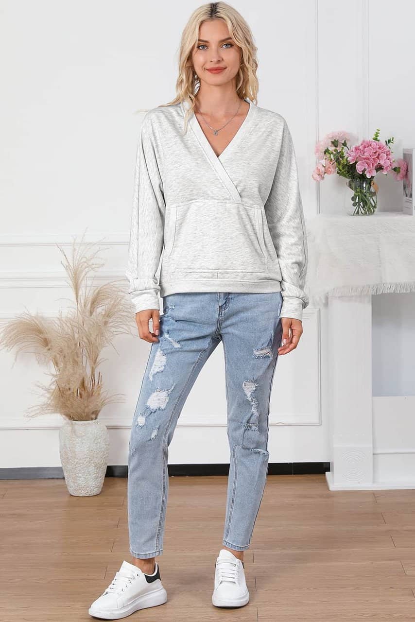 Gray Contrast Trim V Neck Wrap Sweatshirt With Pocket