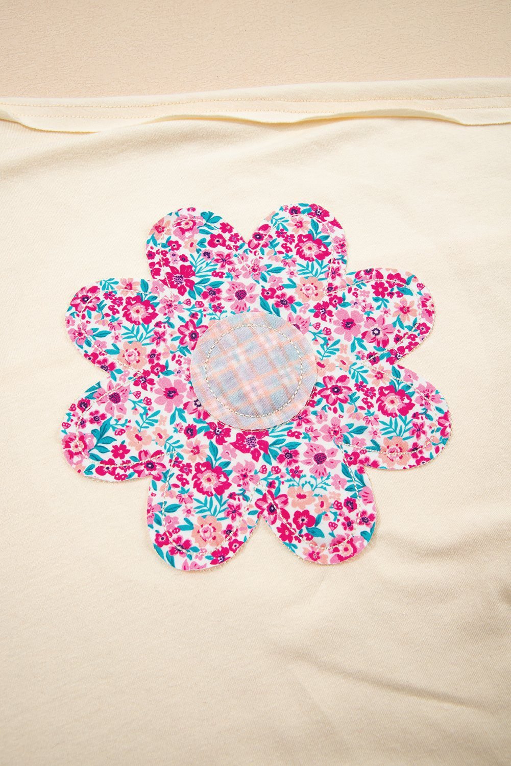 Apricot Flower Patched Exposed Stitching Trim Crew Neck Loose Tee