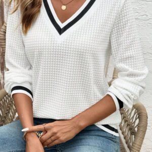 White Textured Knit Preppy Striped Trim V Neck Pullover Waffle Top