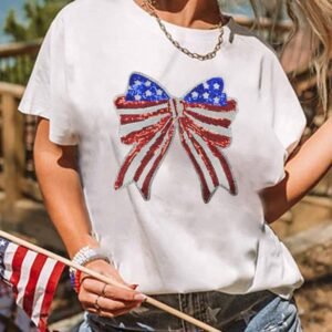 White Usa Flag Bow Knot Patched Crew Neck T Shirt