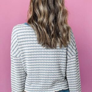 Sky Blue Stripe Textured Frilly Trim Buttons Henley Long Sleeve Top