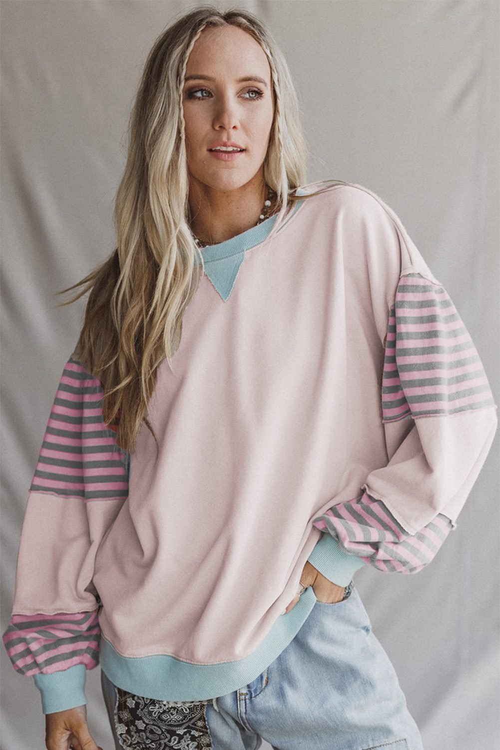 Delicacy Striped Colorblock Patchwork Drop Shoulder Sweatshirt