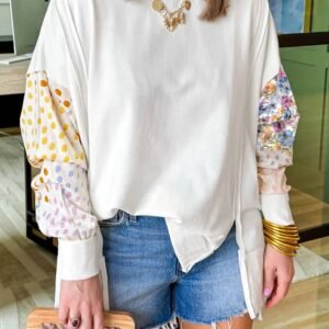 White Floral Dotted Mixed Print Patchwork Sleeve High Low Casual Sweatshirt