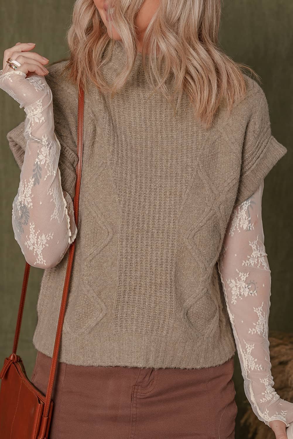 Smoke Gray Textured Knit High Neck Sweater T Shirt