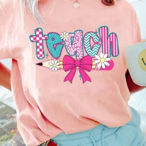 Pink Preppy Retro Checkered Coquette Teach Graphic T-Shirt