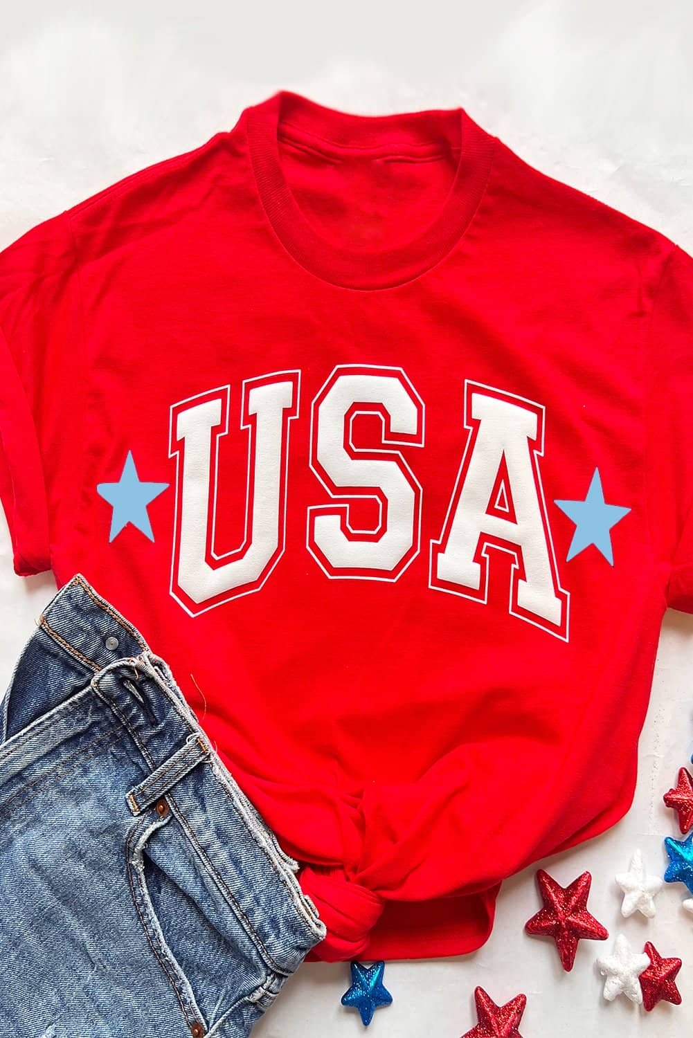 Red Star Usa Print Crewneck Patriotic T Shirt