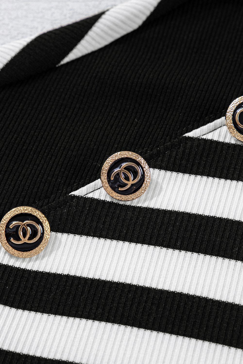 Black Stripe Crochet Hollow-Out Back Buttoned Shoulder V Neck Top