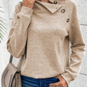 Apricot  Asymmetric Buttons Detail High Neck Textured Sweatshirt