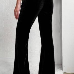Black Solid Color High Waist Flare Corduroy Pants
