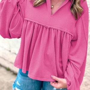 Bright Pink Corded Turn-Down V Neck Bubble Sleeve Babydoll Blouse