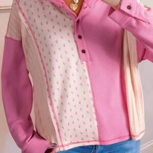 Pink Mixed Texture Waffle Floral Patchwork Hooded Oversize Pullover