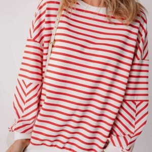 Orange Stripe Drop Shoulder Crew Neck Loose Sweatshirt