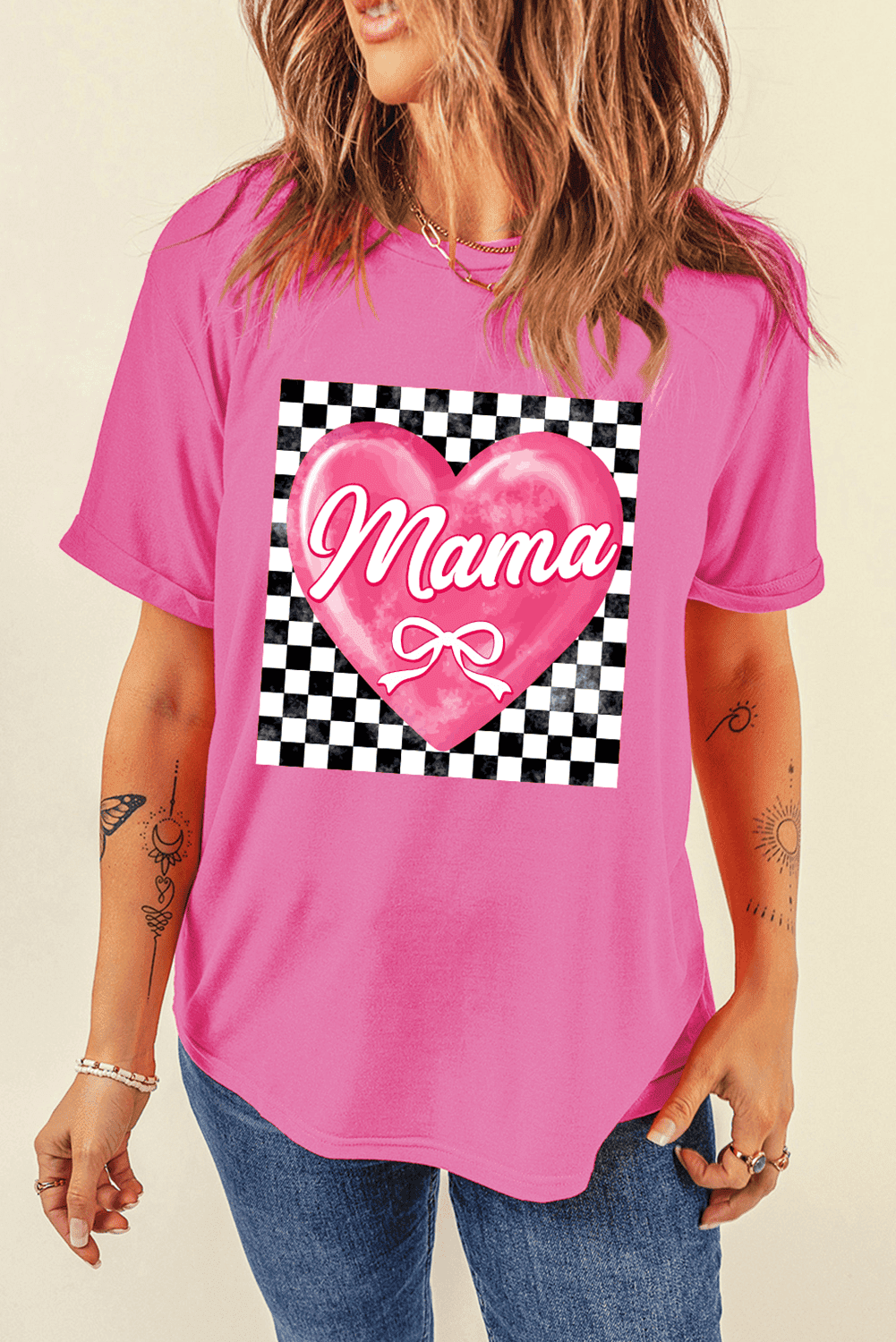 Sachet Pink Checkered Heart Pattern Mama Bow Graphic Tee