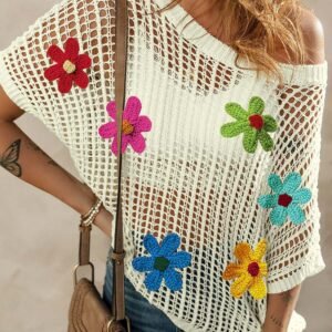 White Crochet Flower Hollow-Out Sweater T Shirt