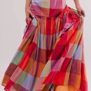 Multicolour Plaid Print Ruched High Waist Casual Maxi Skirt