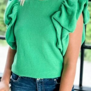 Green Ribbed Knit Puffy Ruffle Sleeve Blouse