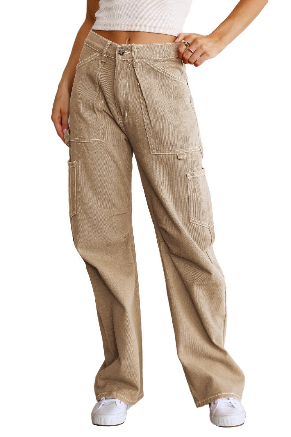 Khaki High Waist Straight Leg Cargo Pants With Pockets
