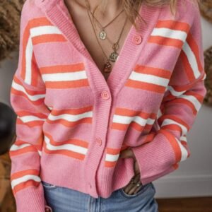 Pink Stripe Drop Shoulder Buttons Cardigan Sweater