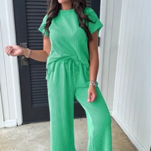 Bright Green Solid Corded Knit Short Sleeve T Shirt And Wide Leg Pants Set