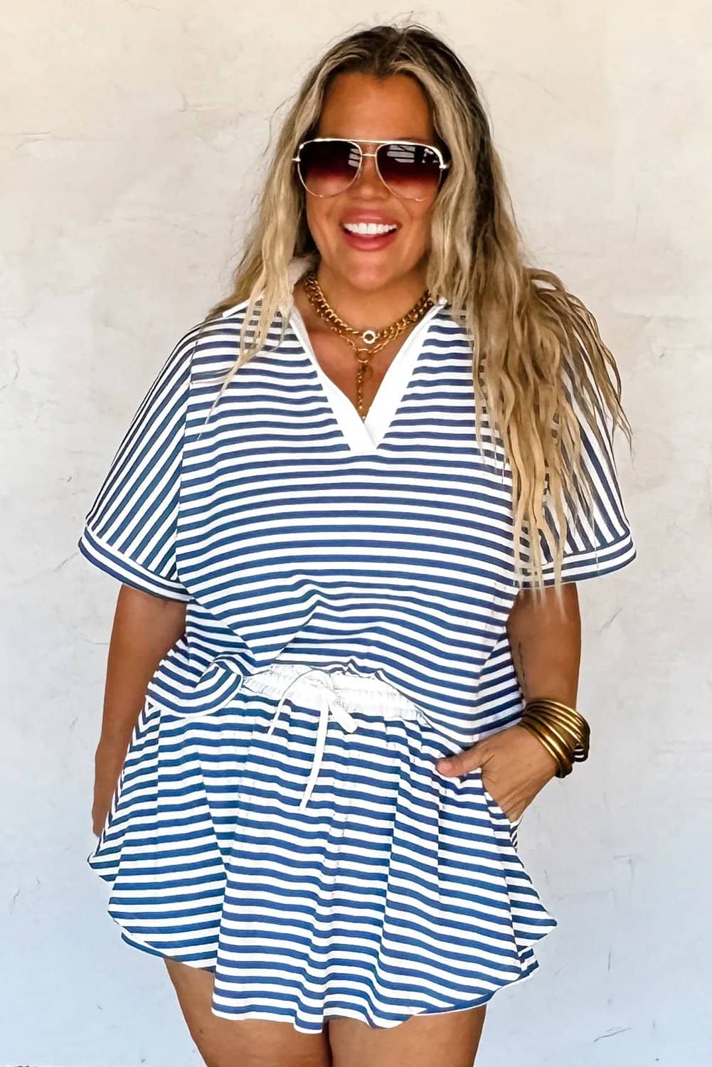 Blue Stripe Short Sleeve Collared V Neck Top Plus Size Short Set