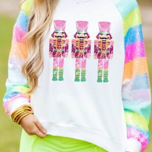 White Sequin Colorblock Sleeve Nutcracker Graphic Sweatshirt