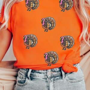 Orange Thanksgiving Turkey Sequin Graphic Womens Casual T Shirt