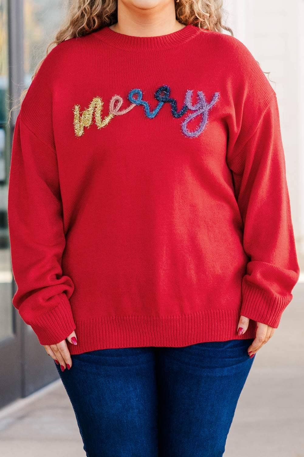 Fiery Red Tinsel Merry Pattern Drop Shoulder Plus Size Sweater