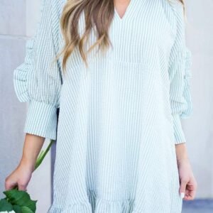 Myosotis Seersucker Ruffled Puff Sleeve Stand Neck Mini Dress