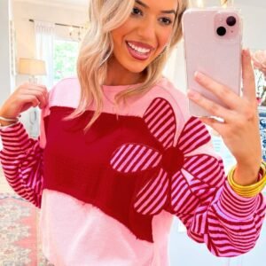 Pink Floral Patch Color Block Striped Sleeve Textured Top