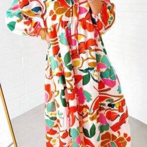 Orange Floral Print Drawstring V Neck Tiered Plus Size Dress