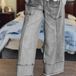Gray Drawstring Seam Detail Raw Hem Wide Leg Denim Pants