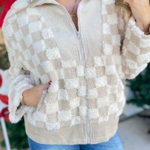 Khaki Checker Sherpa Corduroy Patchwork Zip Up Collared Jacket