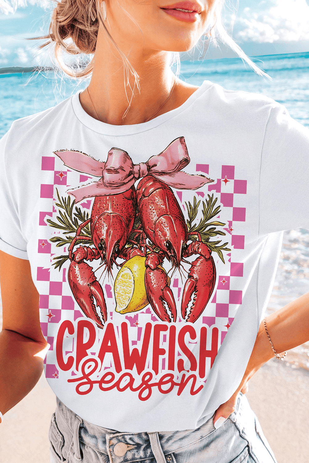 White Checkerboard Bow Crawfish Season Printed Crewneck T Shirt