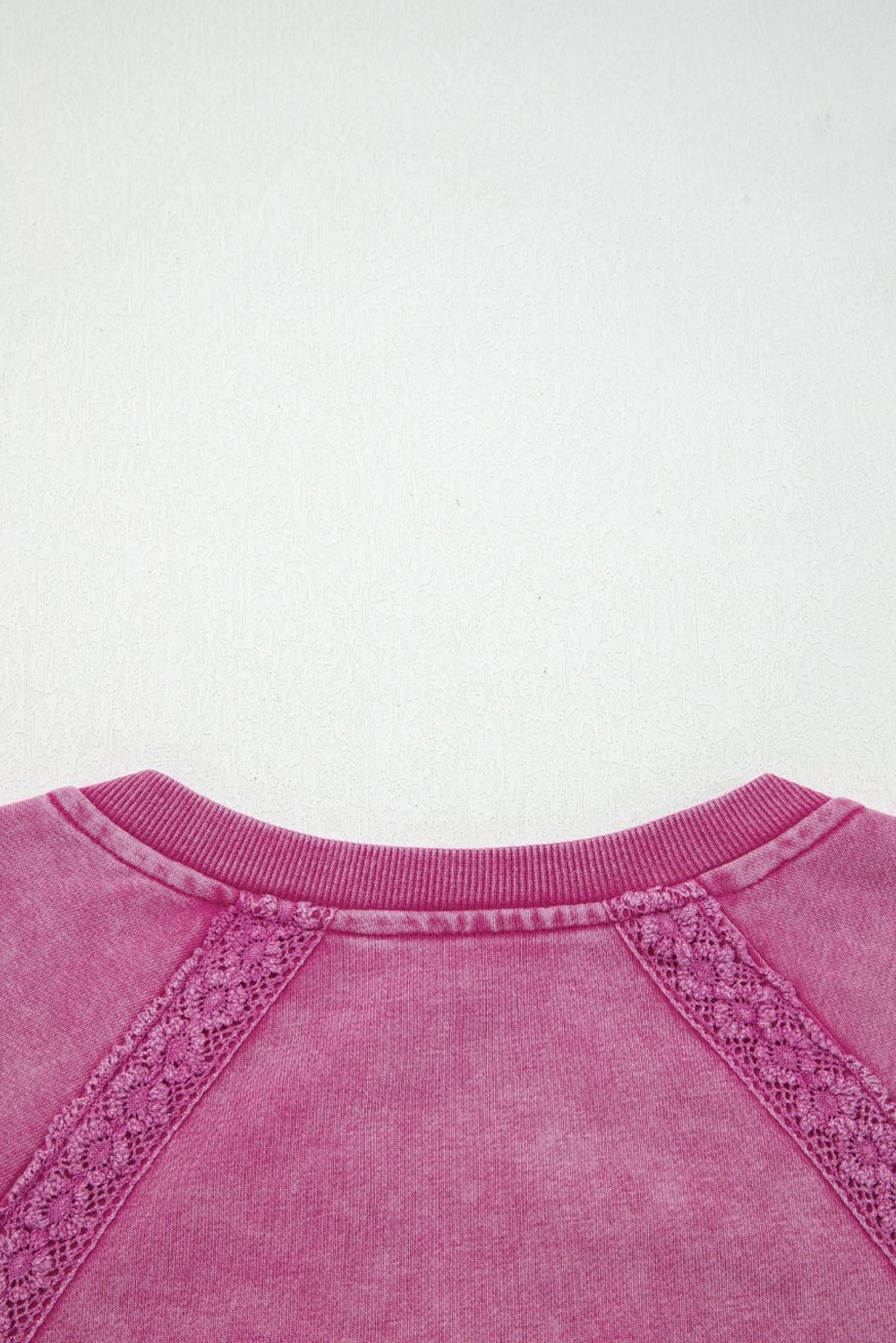 Rose Red Lace Patchwork Detail Notched Neck Mineral Wash Baggy Sweatshirt