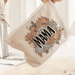 White Mama Flower Print Corduroy Large Cosmetic Bag