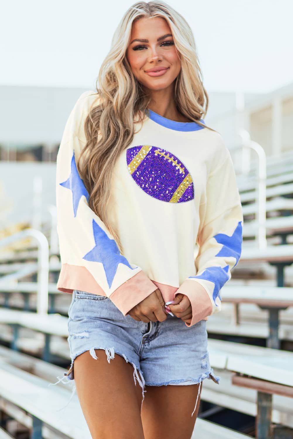 Beige Sequin Rugby Graphic Starry Patched Contrast Trim Game Day Sweatshirt