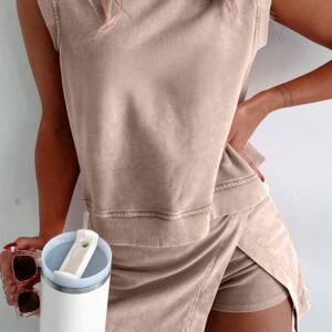 Smoke Gray 2 Pieces Mineral Wash Cotton Tank Top Lined Split Skirt Set