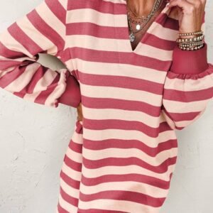 Pink Stripe Collared V Neck Long Sleeve Loose Casual Dress