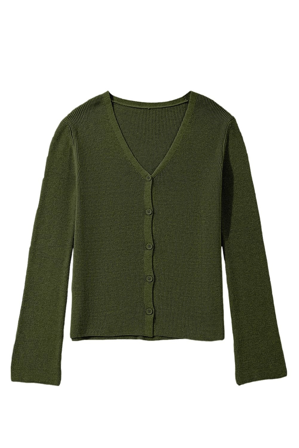 Moss Green Lightweight Ribbed Knit Button Front V Neck Cardigan